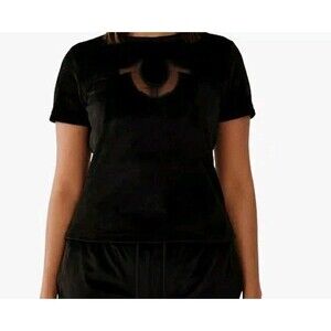 Women's Short Sleeve Velour Cut Out Mesh Logo T-shirt Black Size Medium